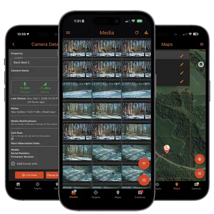 Multiple phone screens showing the RECONYX Connect app interface