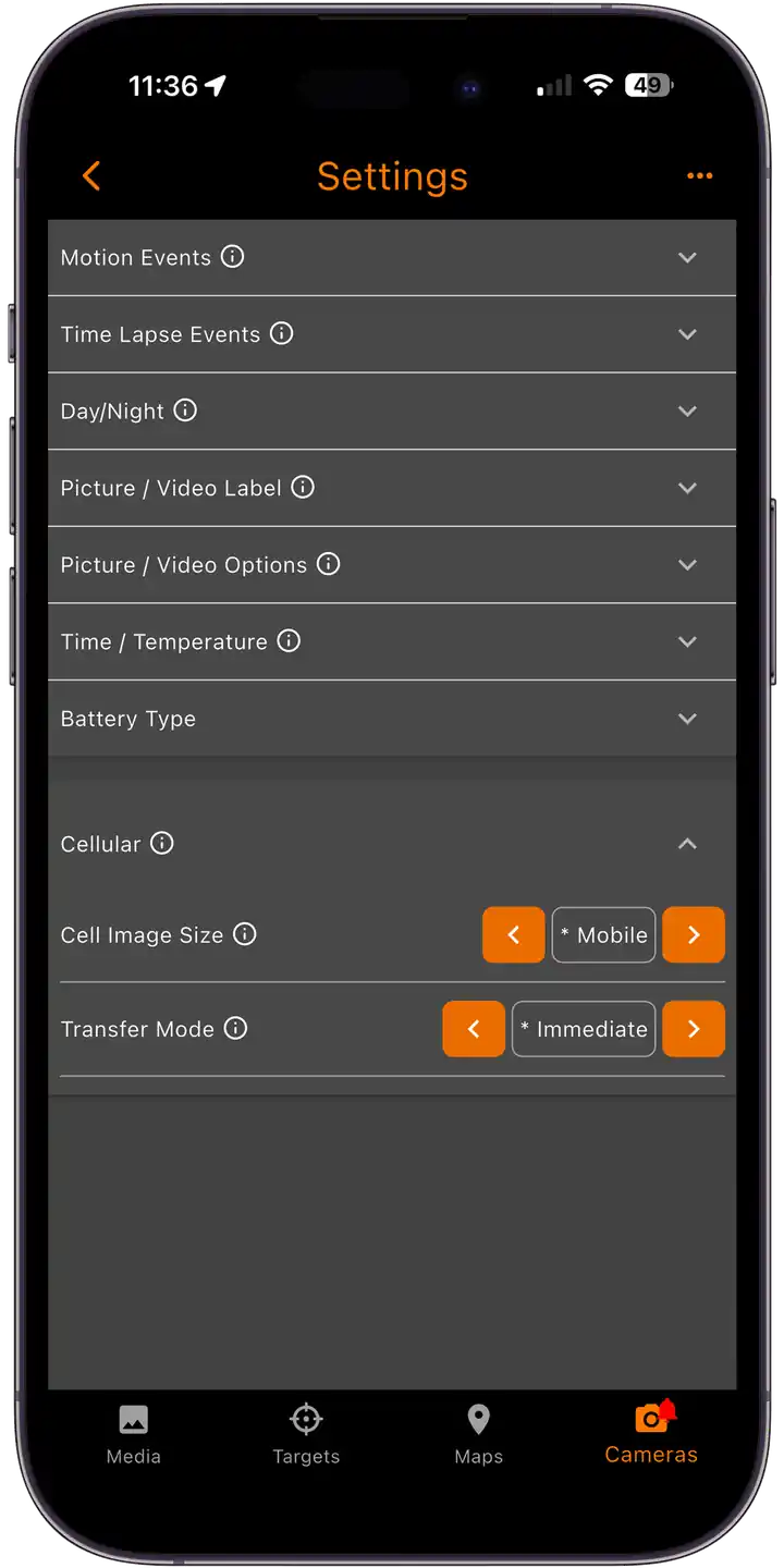 Set cellular transmission settings to send photos immediately or at designated times