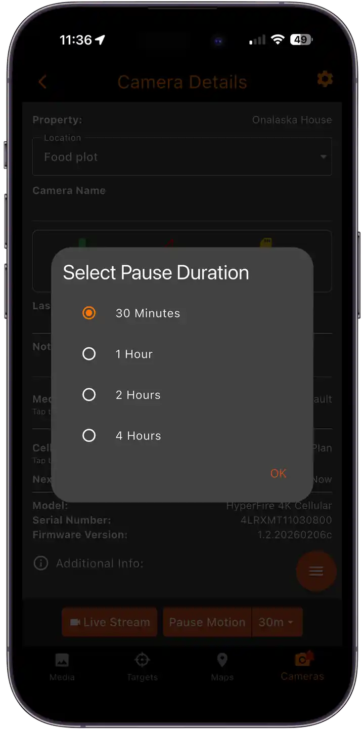 Temporarily pause motion detection to stop taking and sending images for up to 4 hours