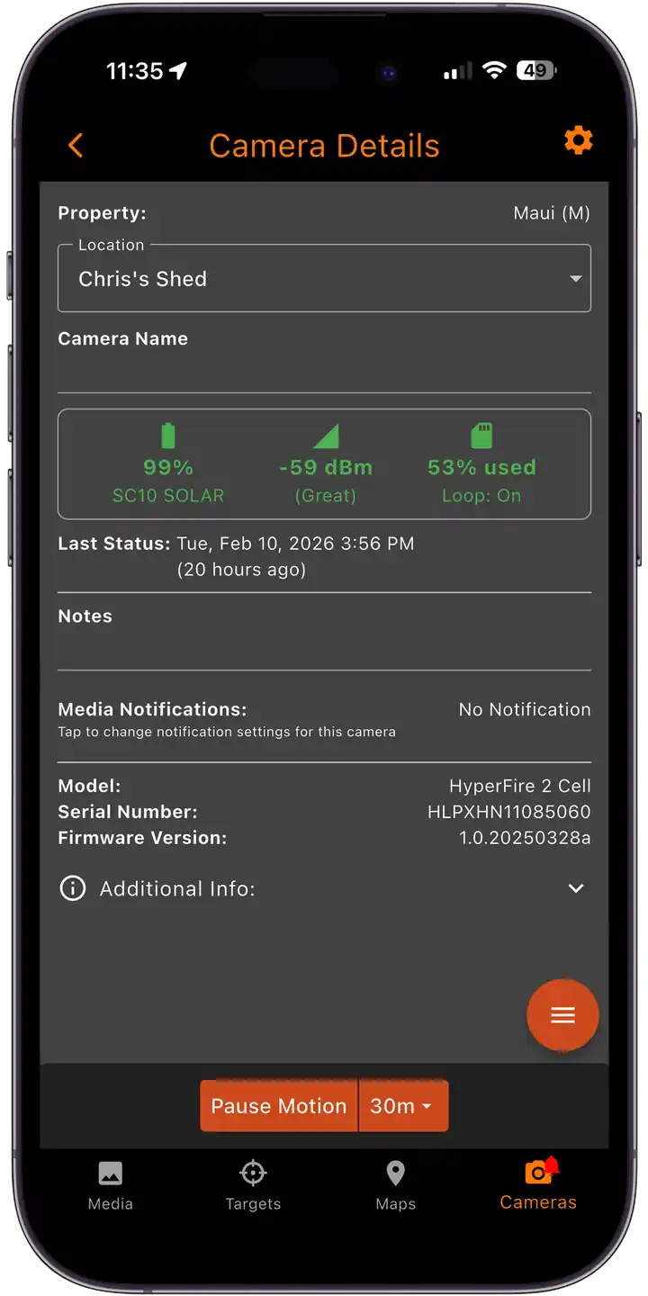 Monitor camera status including battery life and cellular signal strength