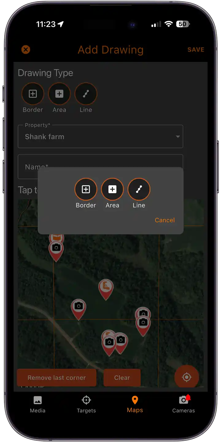 Draw property lines, roads, trails, and foodplot areas